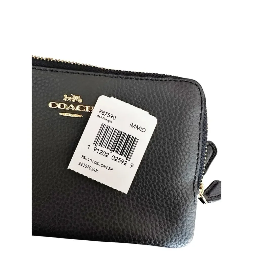 Coach Double Corner Zip Wristlet Pebbled Leather Midnight Navy NEW